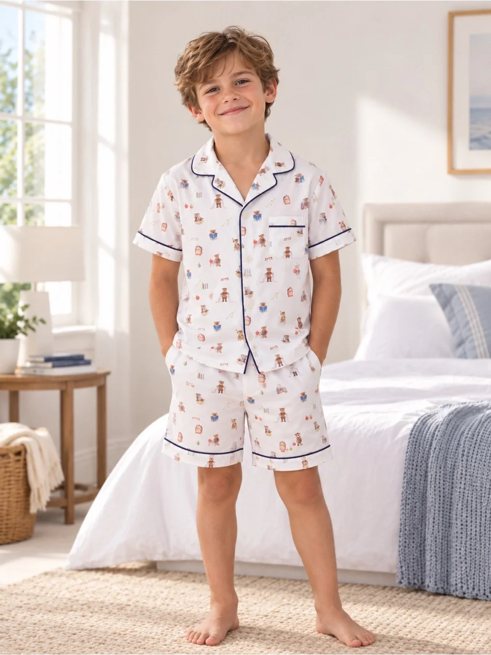 Petite Plume Kid's Twill Pajama Short Set in Teddy Goes To School size 8